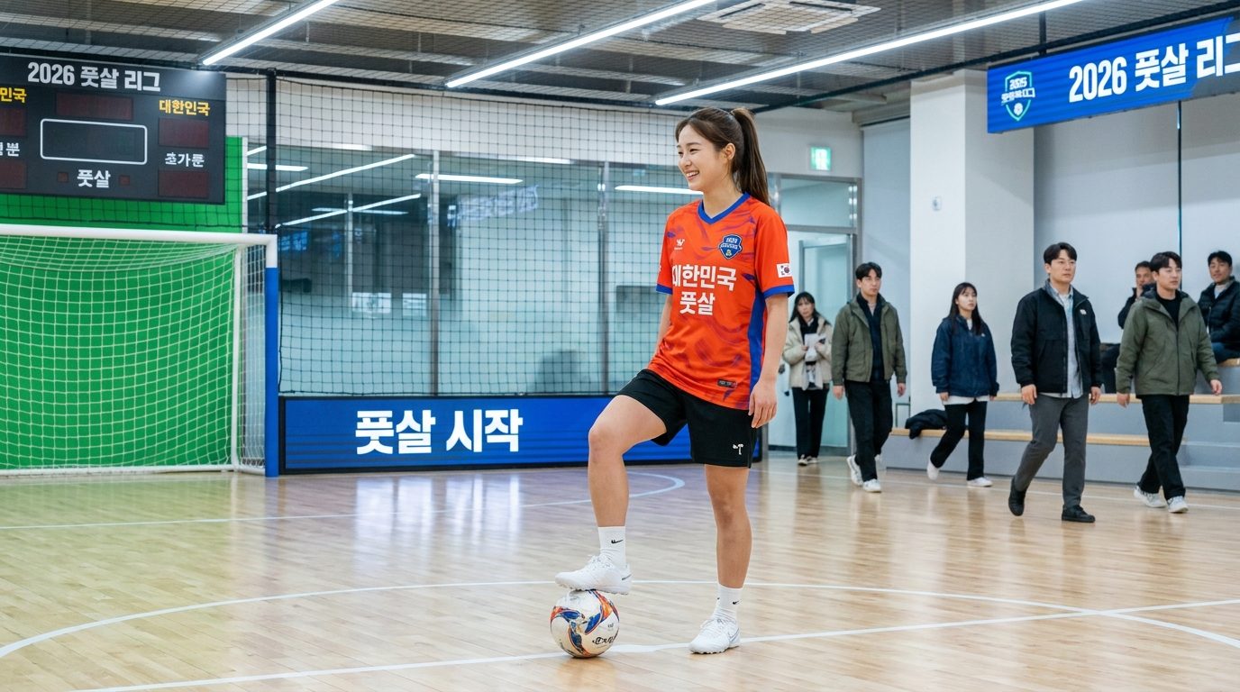 여자 풋살 포지션: 풋살을 시작하는 밝고 활기찬 한국 여성 선수가 현대적인 실내 풋살 경기장에서 자신감 있게 서 있는 모습