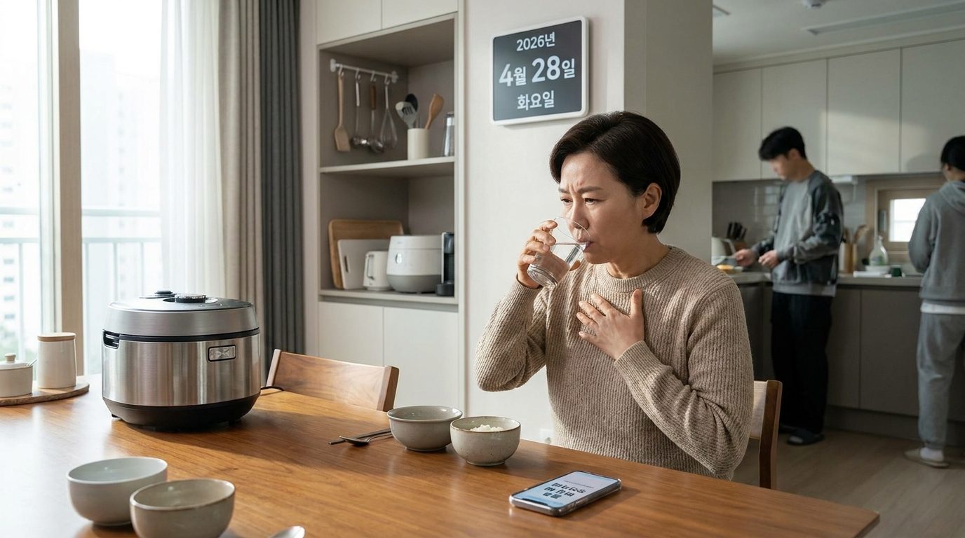 물을 마시던 중 사래가 들어 기침하는 한국인 중년 남성의 모습, 현대적인 주방 배경에서 자연광 아래 찍힌 사진
