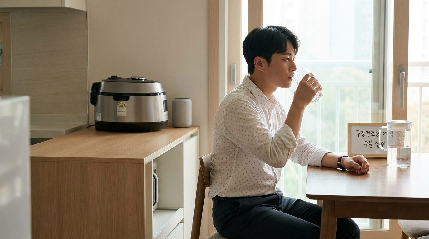주방에서 물을 마시며 구강건조증 예방에 집중하는 20대 한국 남성 사진