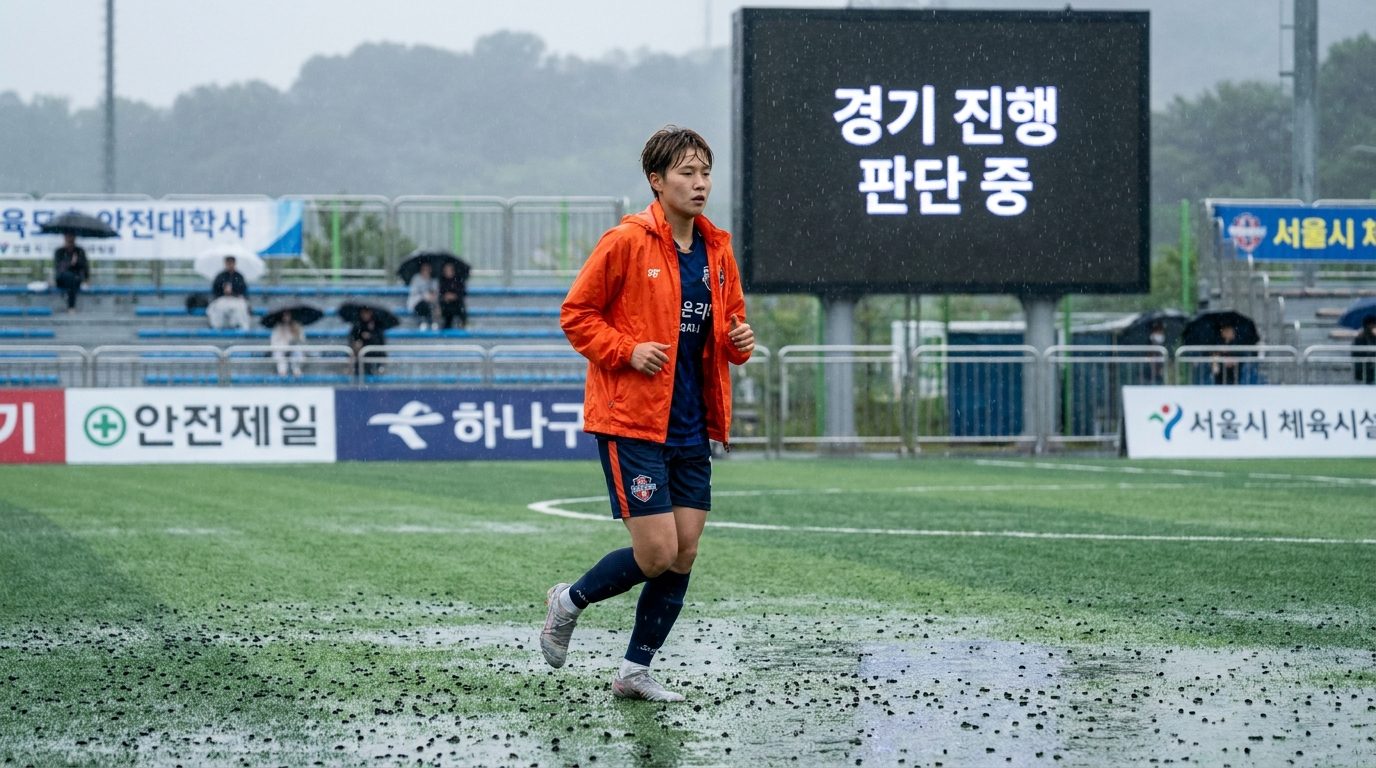 빗속에서 미끄러움 조심하며 인조잔디 구장에서 뛰는 여성 선수