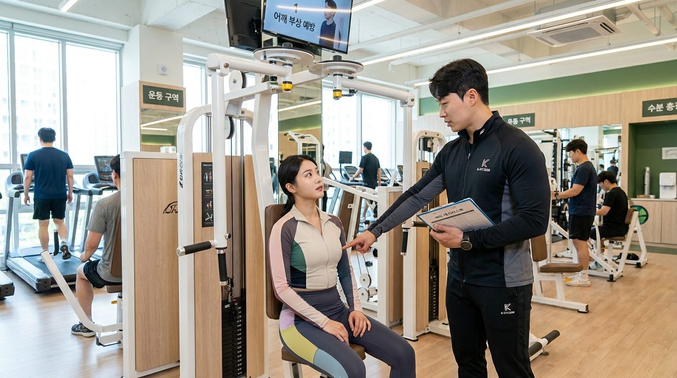 헬스 트레이너가 펙덱플라이 머신 사용법과 세팅 방법을 설명하는 한국인 모습