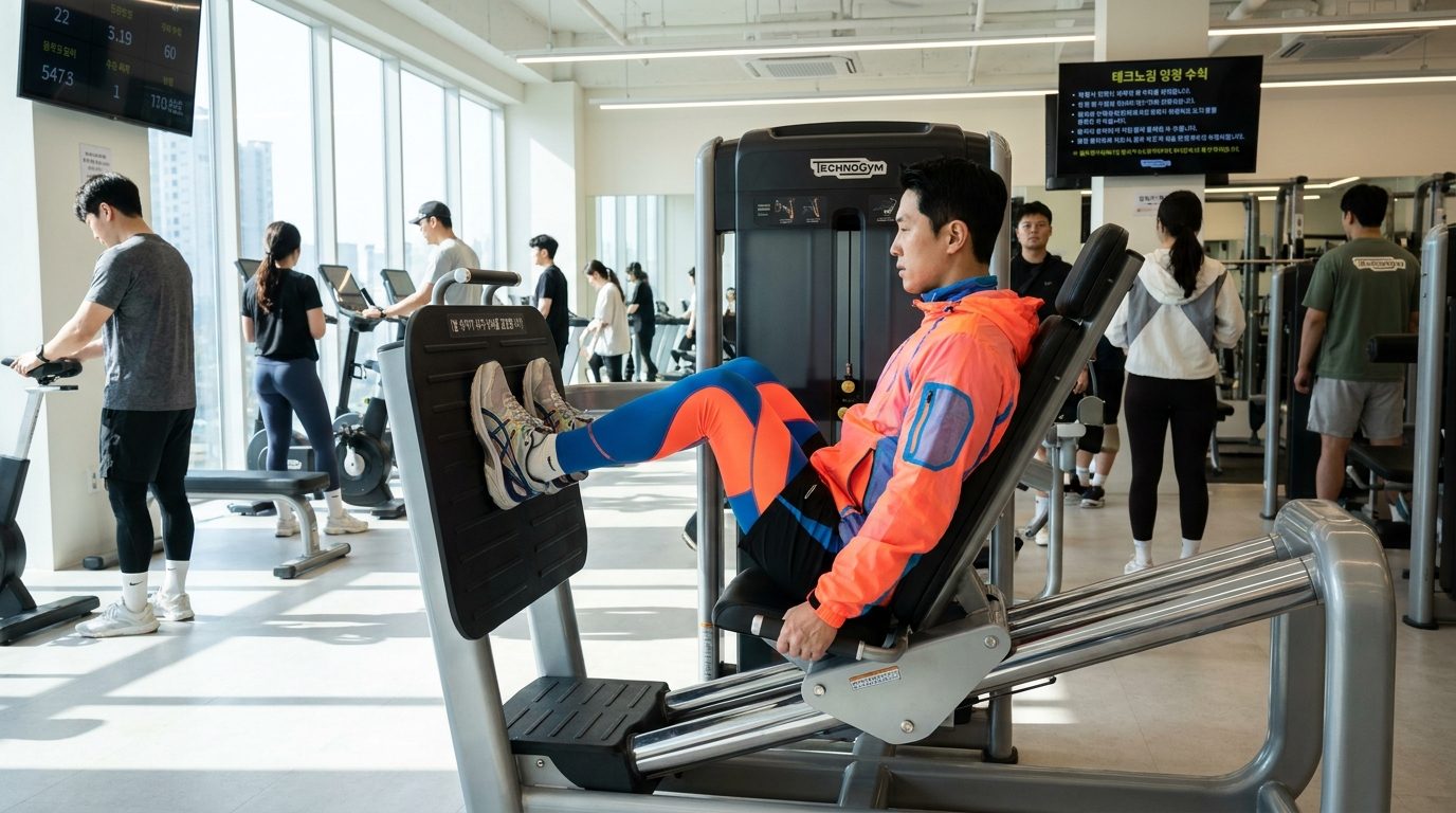 헬스장에서 레그프레스 머신에 앉아 발 위치에 집중하는 한국인 남성