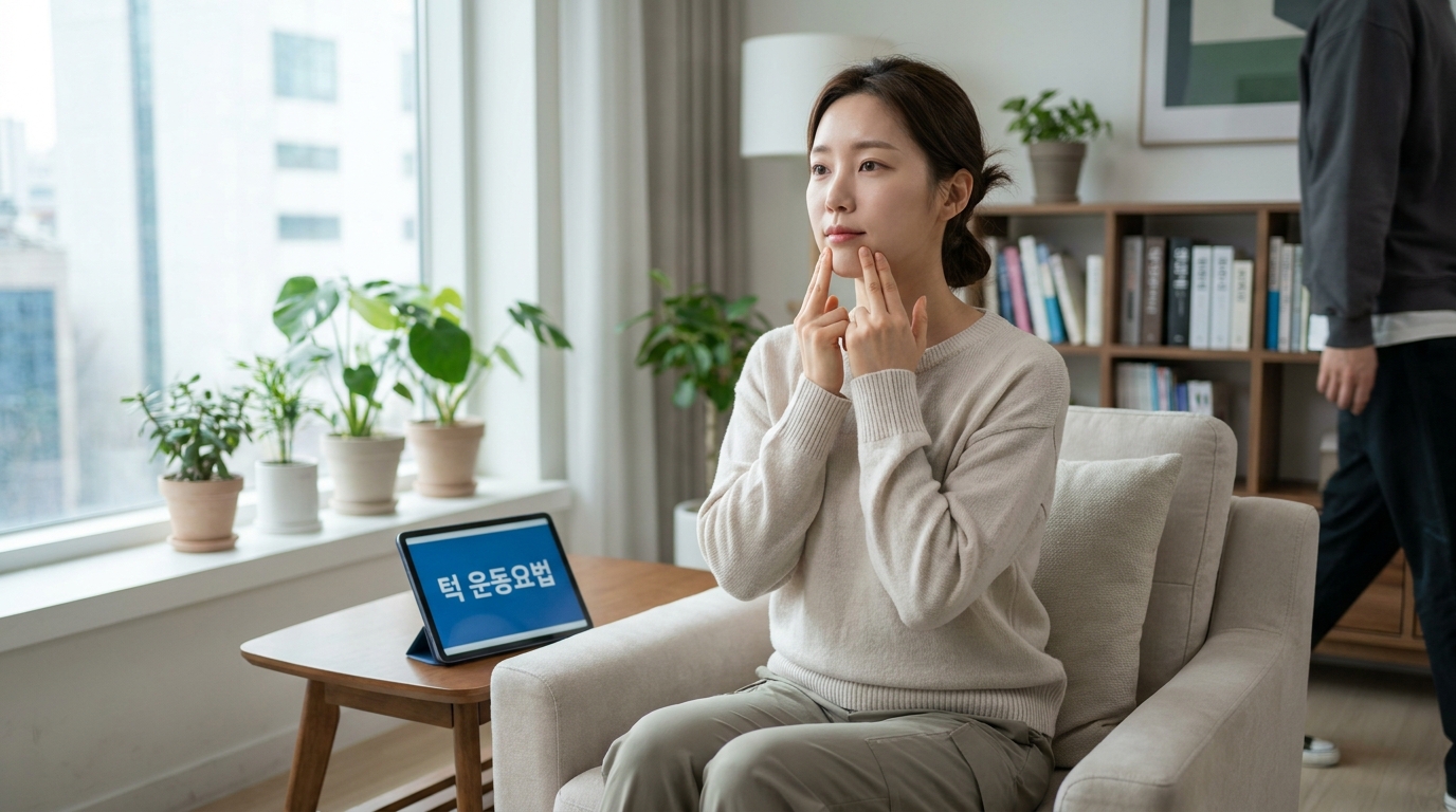 턱관절장애 예방을 위해 부드러운 턱 운동을 하는 한국 여성 이미지