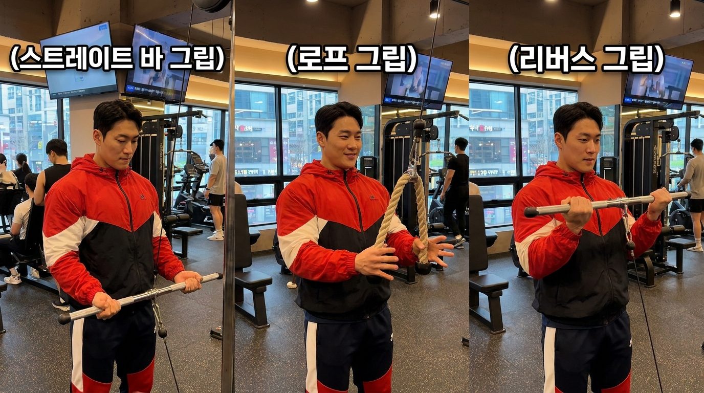 케이블 푸시다운의 세 가지 그립 유형을 보여주는 한국 남성의 운동 모습