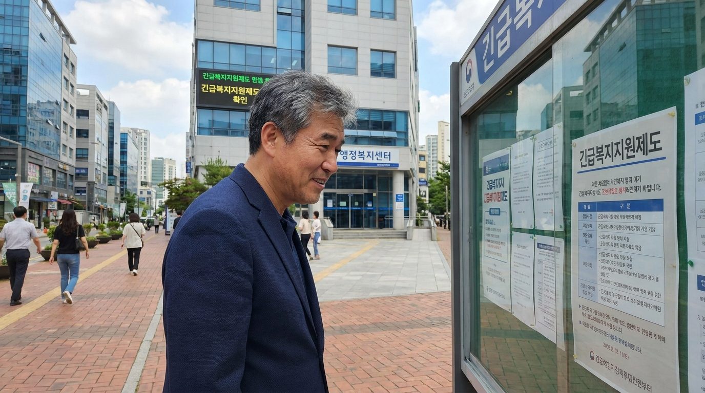 한국 도시의 복지센터 외부에서 긴급복지지원제도 공고를 확인하는 중년 남성