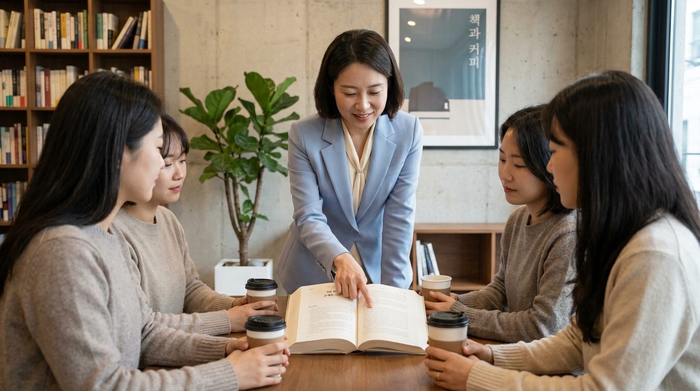 스타일리쉬한 파스텔 톤 옷을 입은 여성 진행자가 철학 독서모임에서 대화를 부드럽게 책 내용으로 돌리는 모습. 두꺼운 철학책 한 페이지를 가리키고 있고, 다른 여성 참여자들이 따뜻한 조명 아래 집중해 듣고 있음. 배경에는 아늑한 실내 식물과 한글 제목의 책들이 정돈된 책장이 있음.