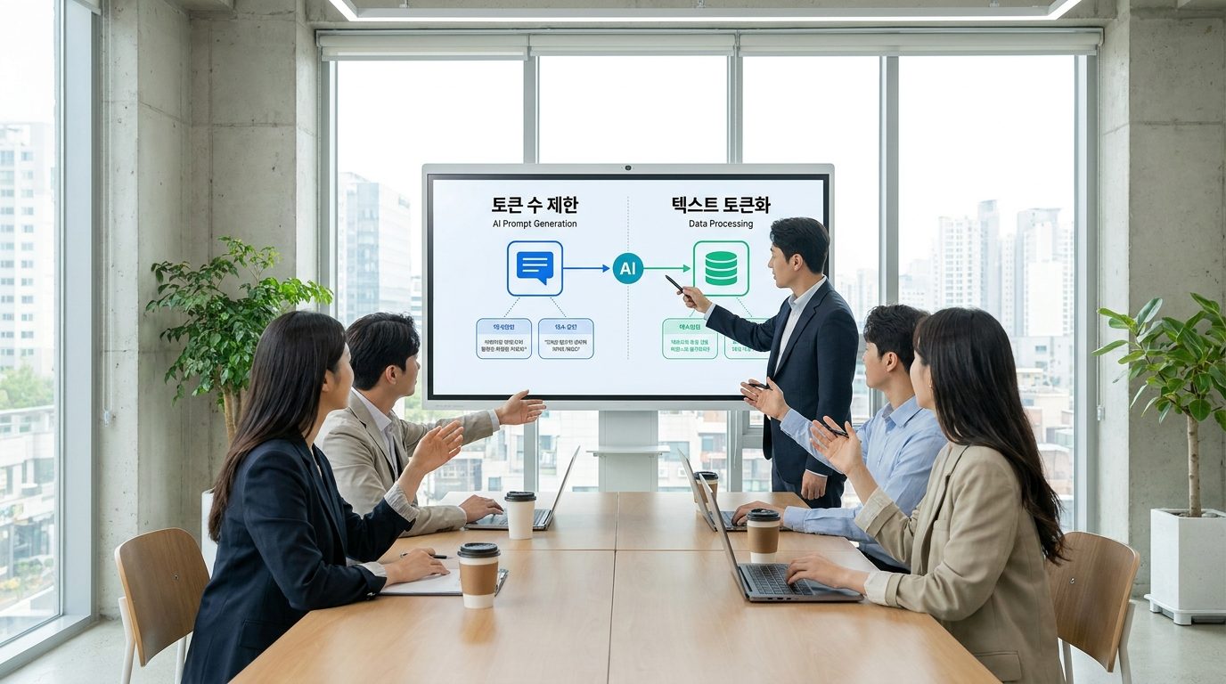 회의실에서 토큰 수 제한과 텍스트 토큰화 개념을 설명하는 보드와 다양한 한국인 전문가들