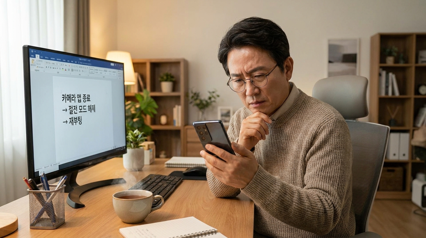 스마트폰 손전등이 켜지지 않을 때 문제를 점검하는 한국 중년 사용자 모습