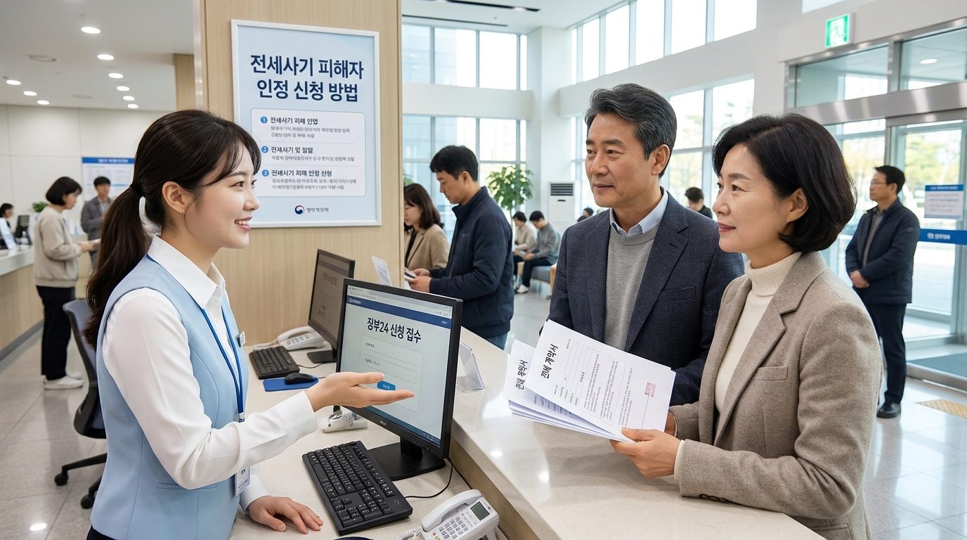 국내 전세사기 피해 인정 신청을 돕는 정부 공공기관 직원과 방문객들