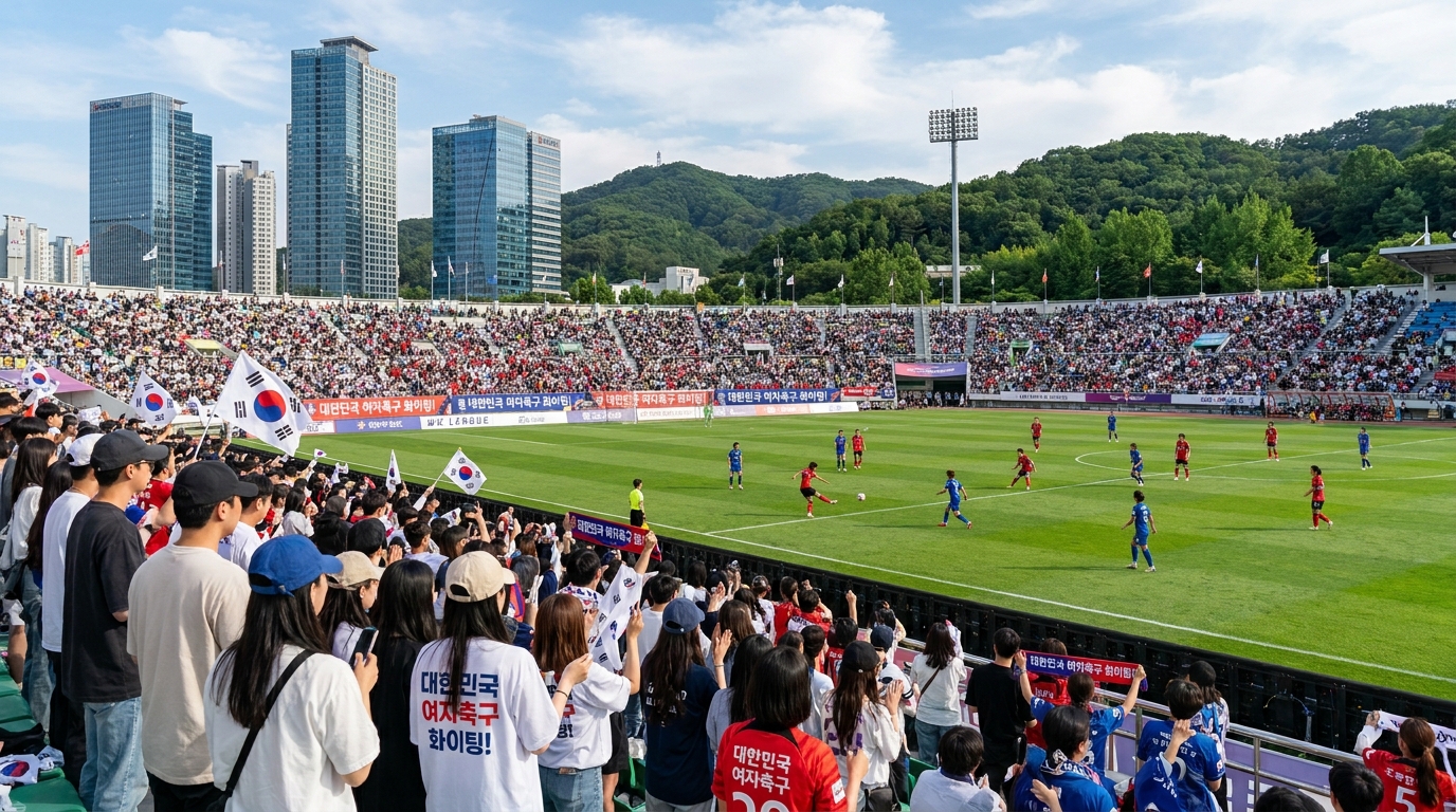 2026 WK리그 여자 축구 경기가 벌어지는 활기찬 한국 경기장 전경
