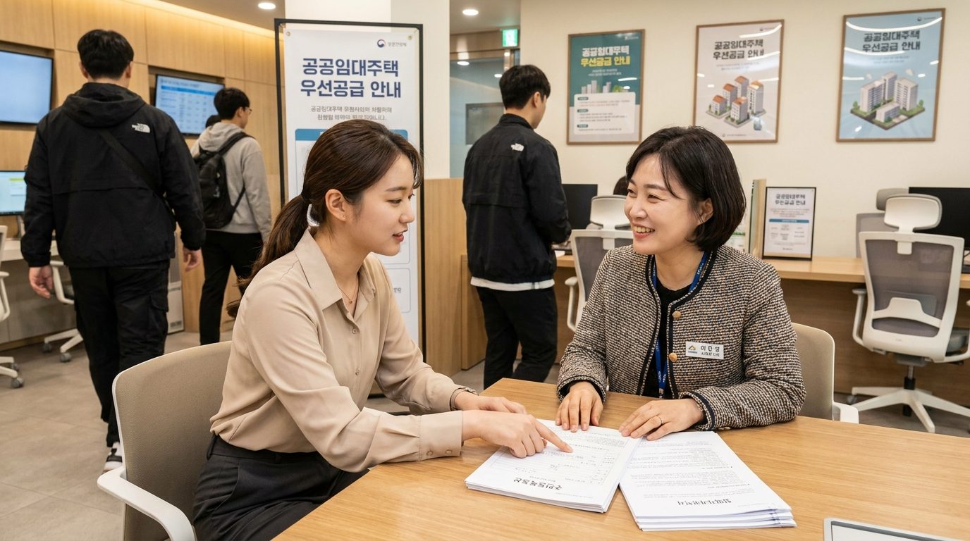 반지하 지원금: 주민센터에서 반지하 공공임대주택 지원 상담을 하는 젊은 한국 여성과 사회복지사 실사 이미지