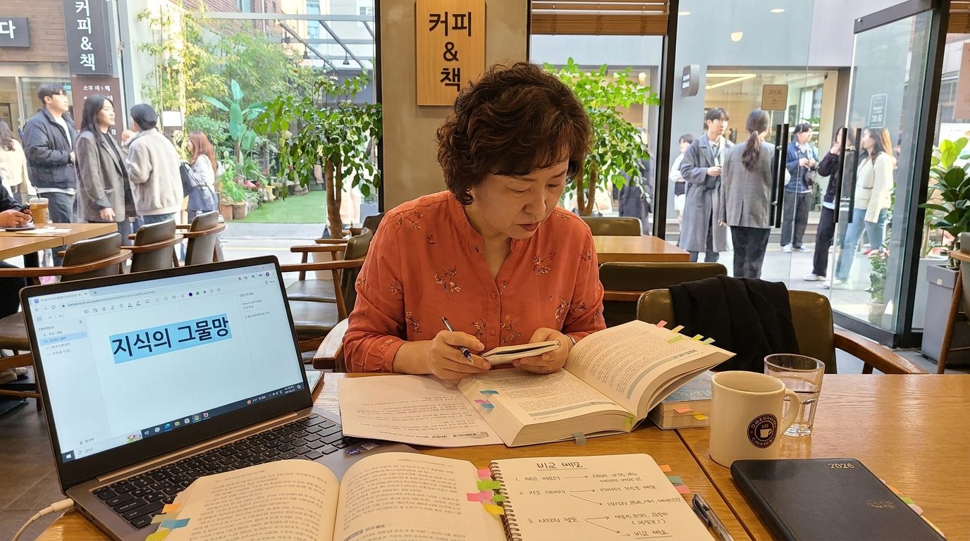 병렬독서를 통한 지식 연결 방식을 보여주는 현대 카페에서 책과 노트 정리하는 여성