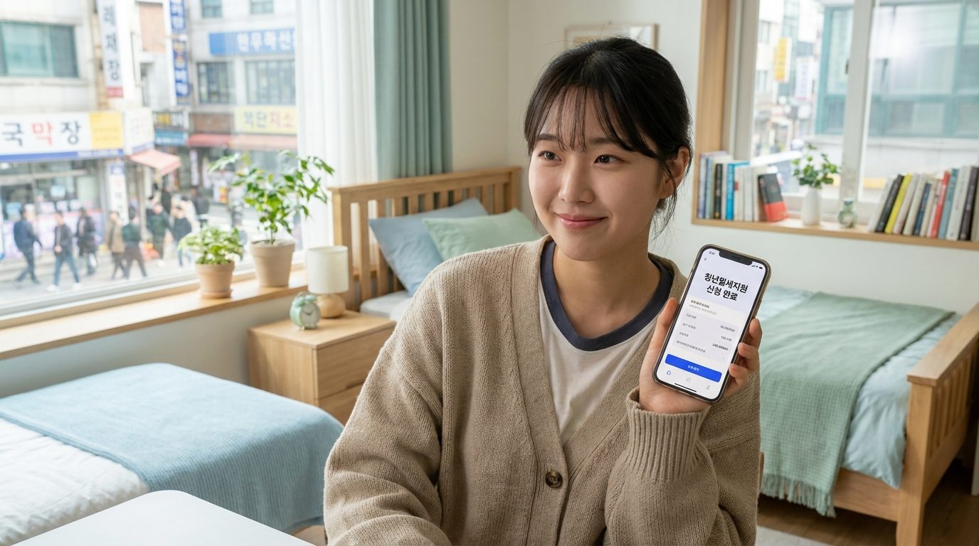 청년월세지원 신청을 완료한 한국 자취 청년의 모습, 스마트폰 화면에 신청 완료 메시지 표시