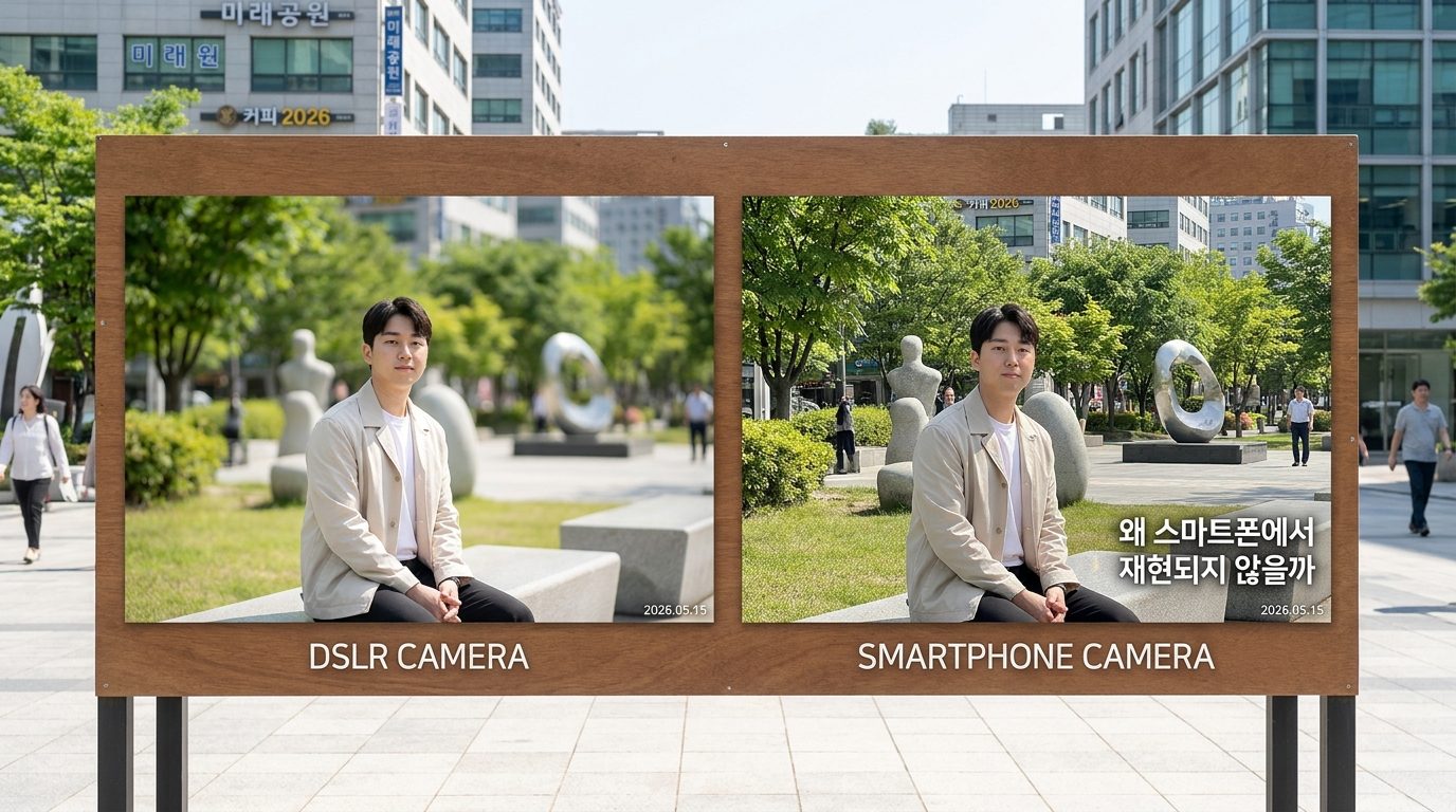 AI 아웃포커싱: DSLR과 스마트폰 카메라의 아웃포커싱 차이를 보여주는 한국 남성 인물 사진 비교