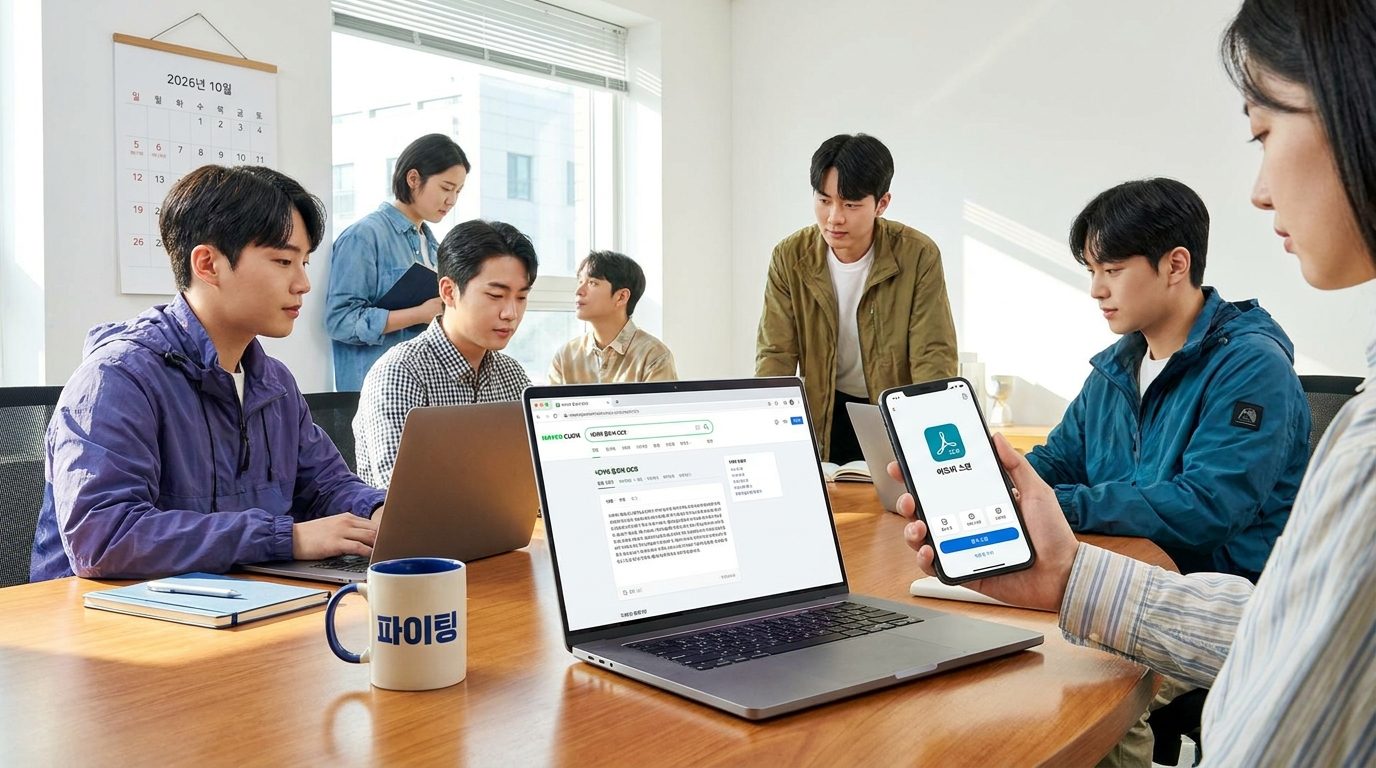 사람들이 현대적인 작업 공간에서 컴퓨터와 스마트폰으로 여러 OCR 도구를 사용하고 있는 모습, 한글 UI 표시