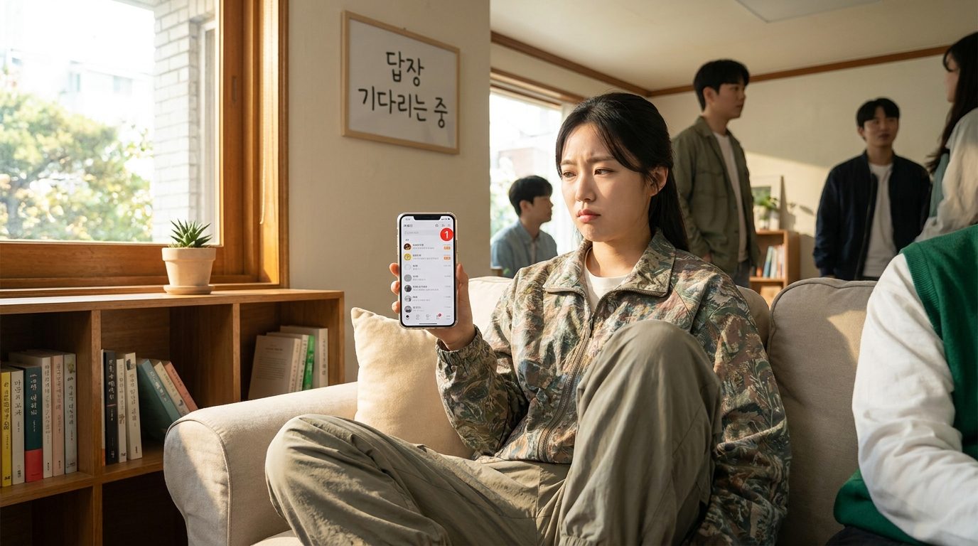 한국의 현대적인 거실에서 스마트폰으로 카카오톡 메시지를 확인하며 답장을 기다리는 모습