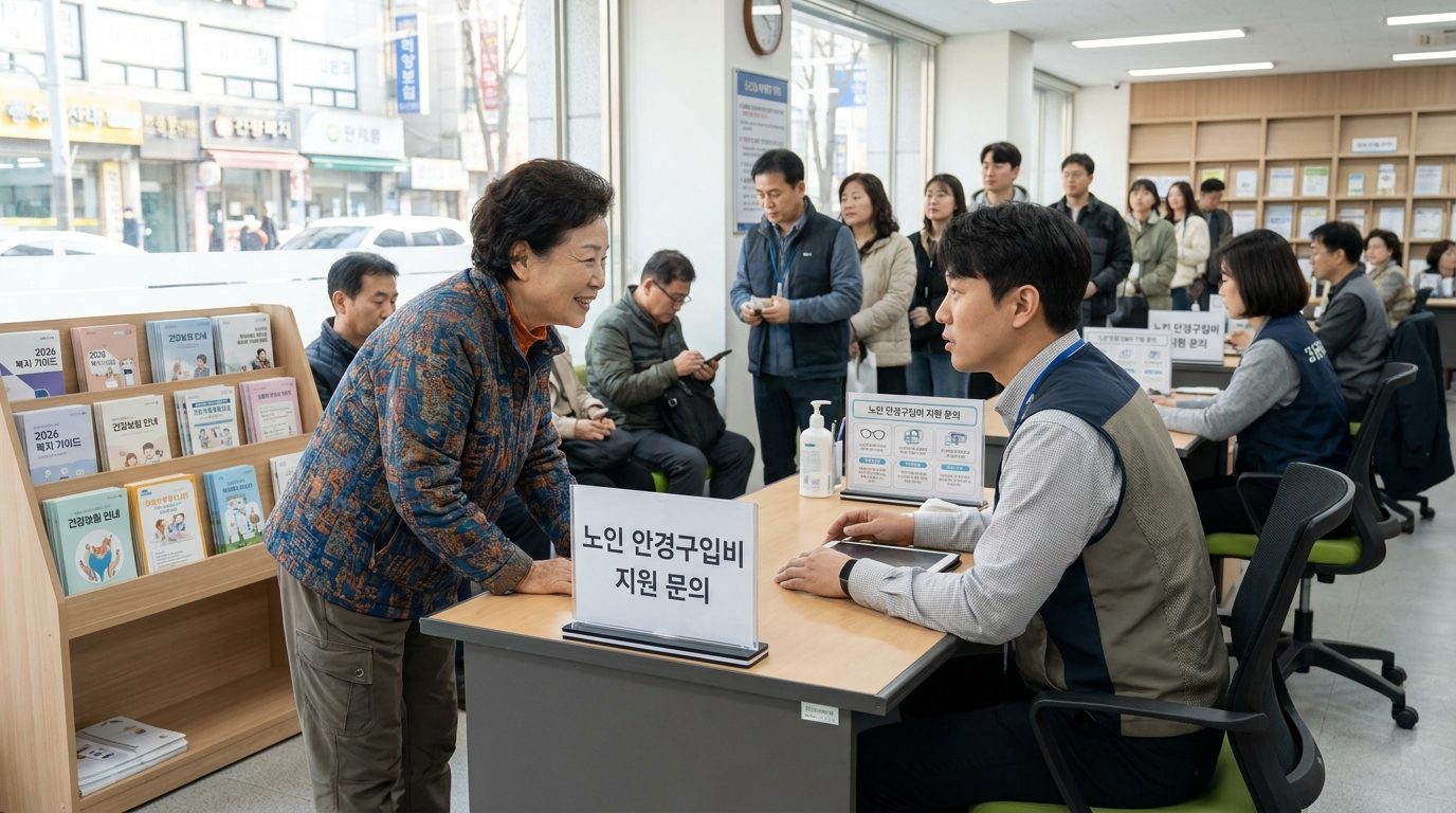 지자체 사회복지과에서 노인 복지 상담을 하는 어르신과 직원, 데스크 위에 안경구입비 지원 문의 문구가 보임