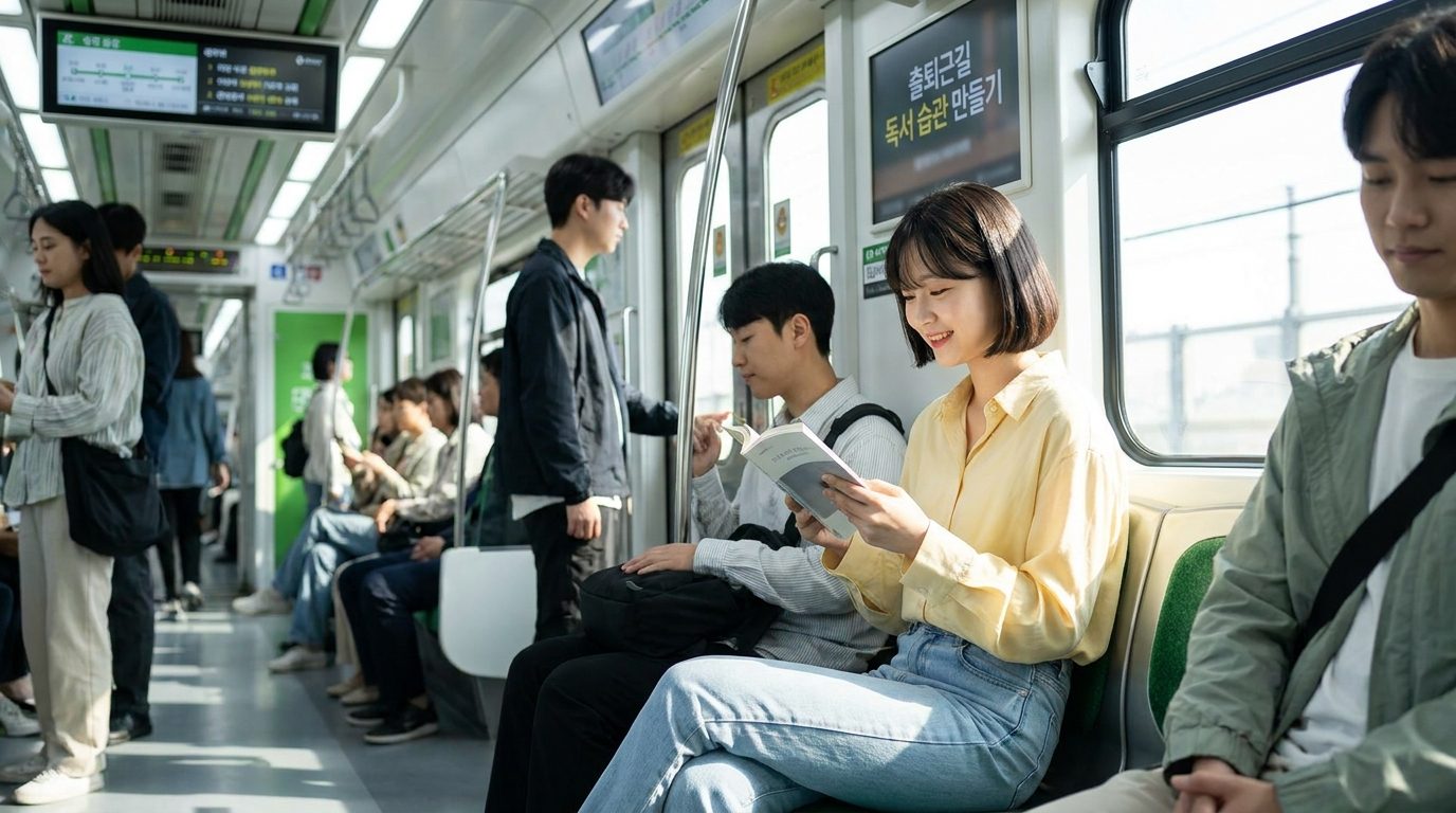 직장인 독서법: 출퇴근 지하철에서 책을 읽으며 활기차고 여유로운 표정의 여성 직장인