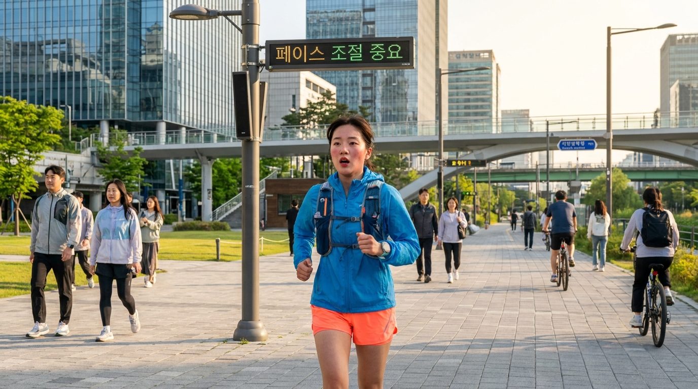 런닝 호흡법, 초보 러너가 너무 빠른 페이스로 시작해 숨이 차는 모습을 보이는 장면, 현대적인 한국 도시 공원 배경