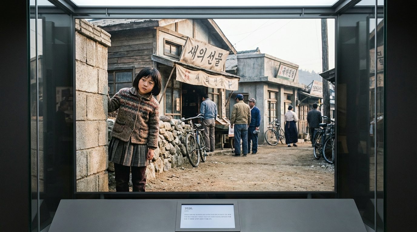 1960년대 한국 마을을 관찰하는 어린 소녀의 순수하고 조숙한 모습
