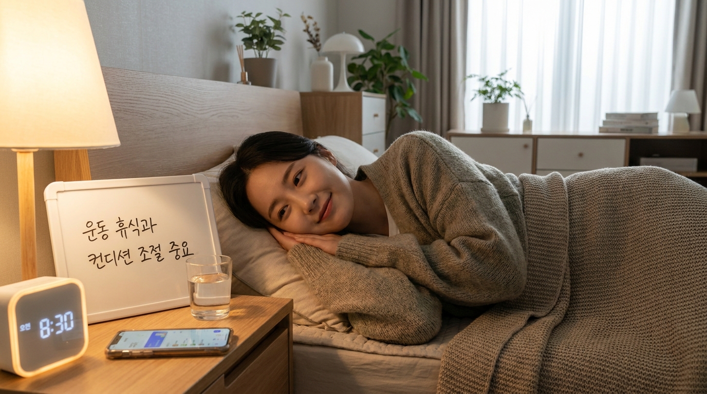운동 중단과 휴식의 중요성을 표현하는 한국 여성의 실사 이미지