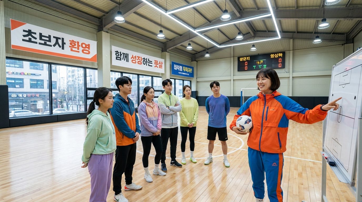 실내 풋살 코트에서 코치가 초보자 여성 참가자들에게 전술을 설명하는 모습