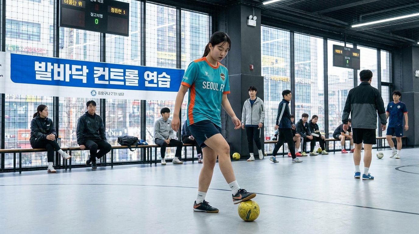 실내 풋살코트에서 현대적인 스포츠웨어를 입고 발바닥으로 공을 조심스럽게 굴리며 집중하는 한국 여성 풋살 입문자의 모습, 배경에 (발바닥 컨트롤 연습) 한글 간판이 보임