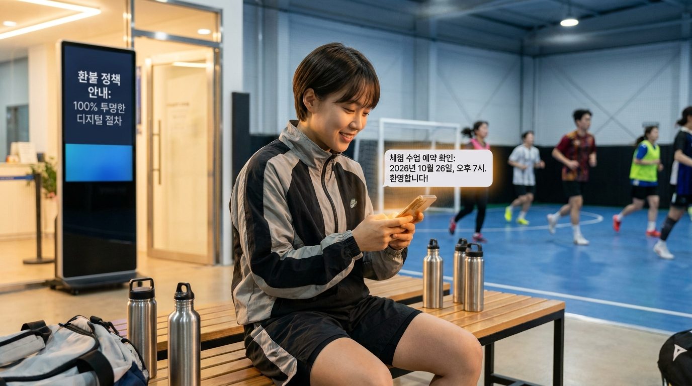 인도어 풋살 코트 옆 벤치에서 스마트폰으로 체험 수업 예약을 확인하는 여성 선수 모습