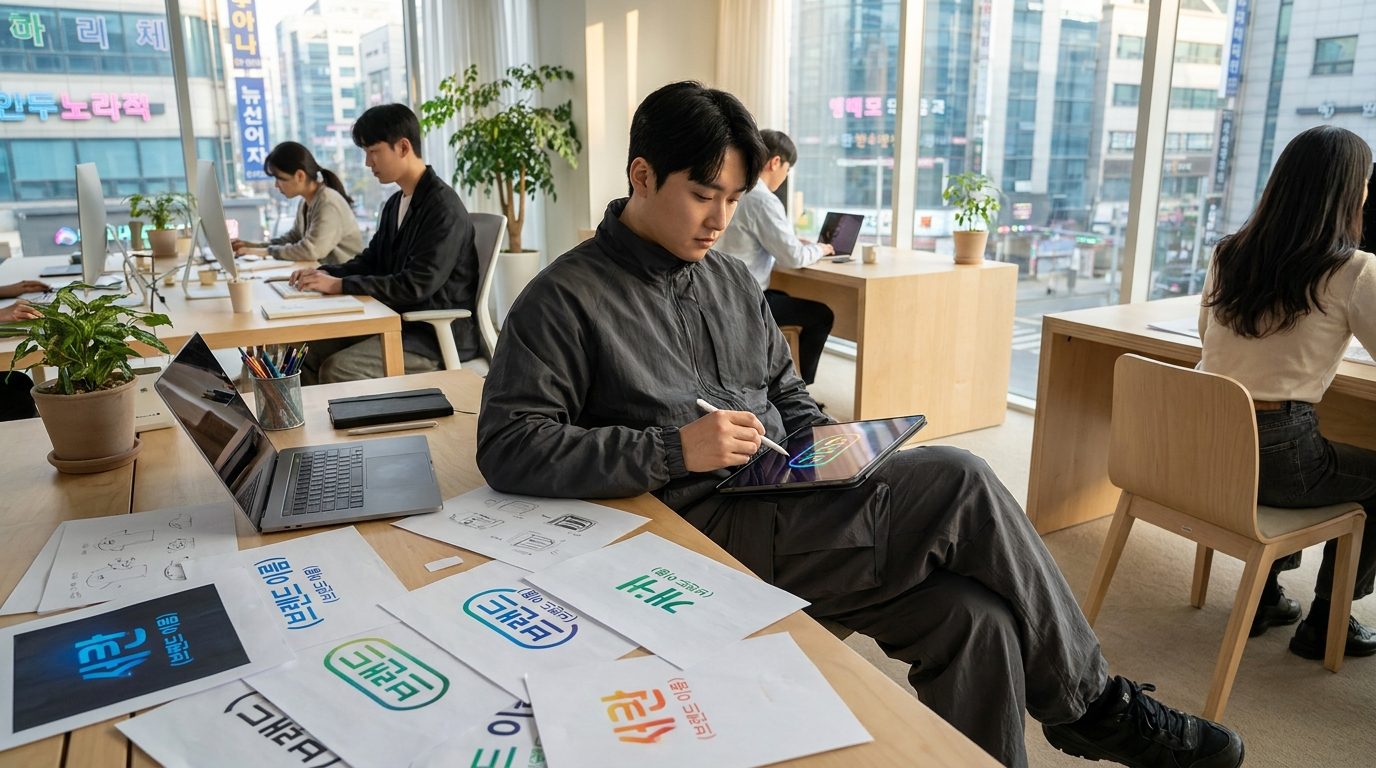 현대적이고 정돈된 한국 디자이너 스튜디오 데스크에 펼쳐진 다양한 한글 로고 시안