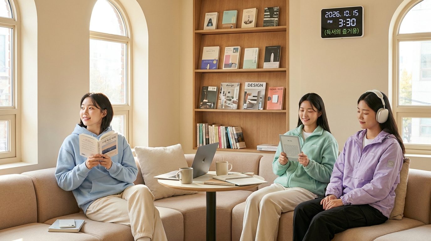한국의 현대적인 독서 공간에서 종이책, 전자책, 오디오북을 각각 즐기는 세 명의 여성 독자 모습