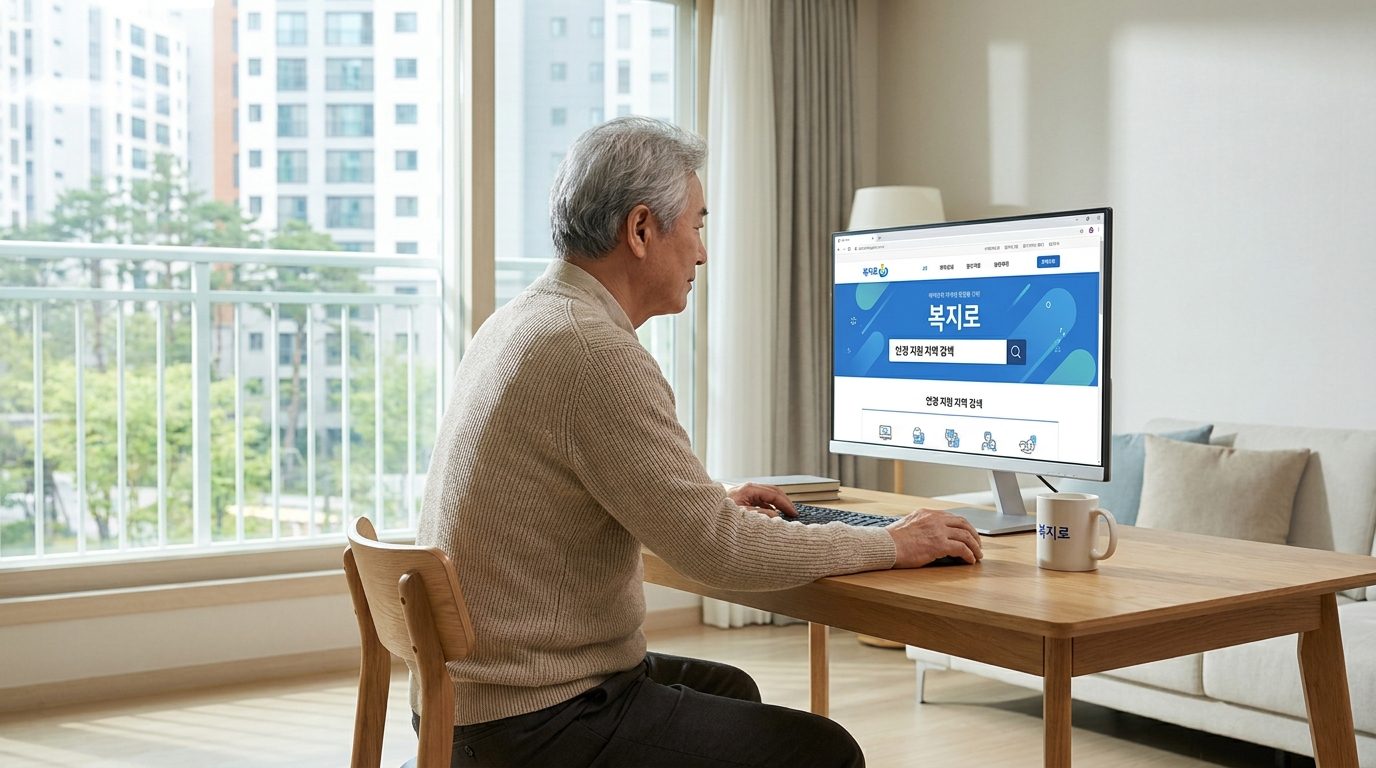 밝고 아늑한 집에서 복지로 홈페이지를 이용해 안경 지원 지역을 검색하는 65세 이상 어르신의 모습, 모니터와 컵에 한글 문구가 보임