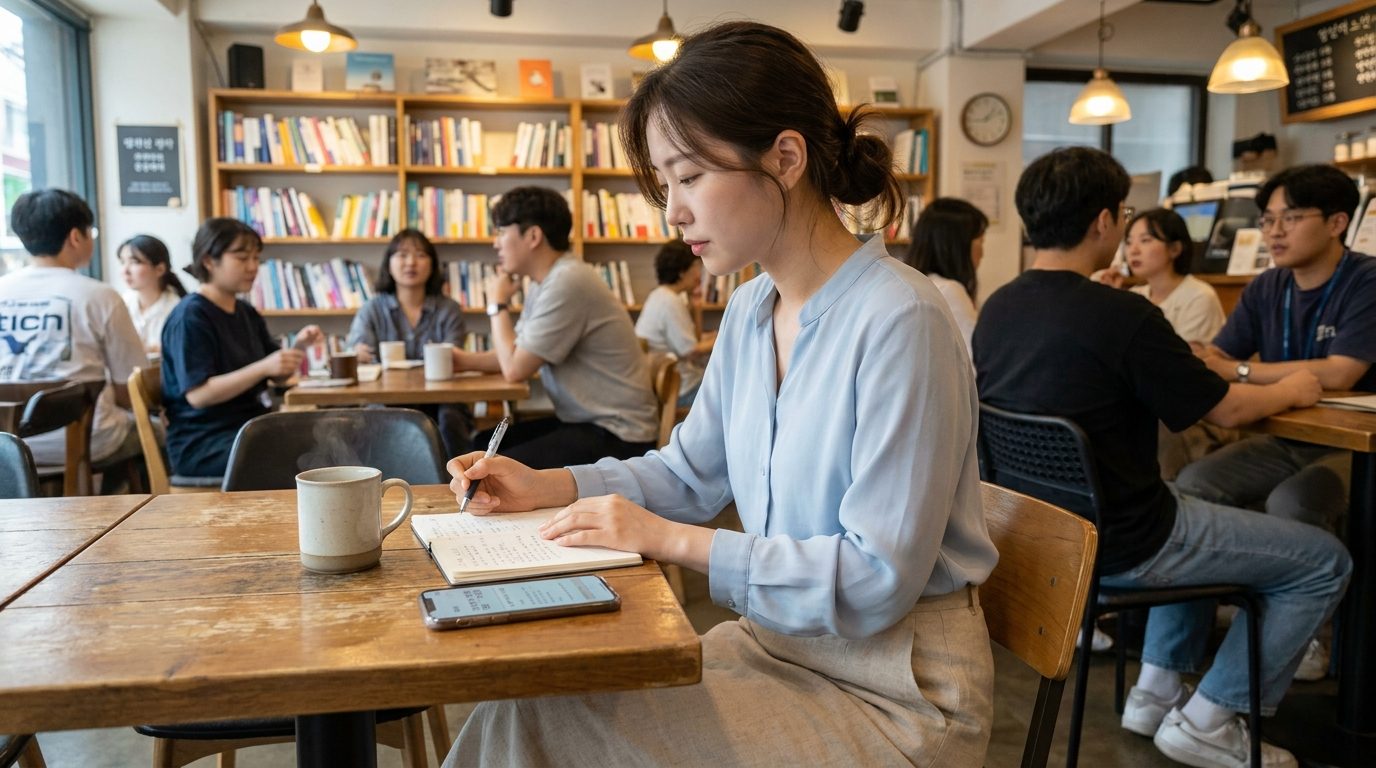 카페에서 책에 대한 생각을 일기장에 기록하는 한국 여성의 집중된 모습