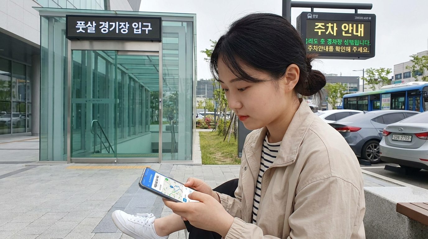 현대적 풋살장 입구에서 스마트폰으로 대중교통과 주차 정보를 확인하는 젊은 여성 모습