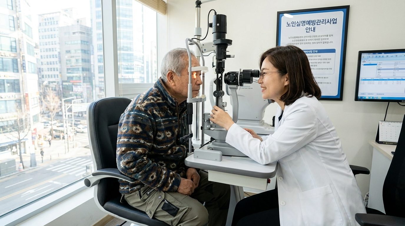 한국의 현대적인 의료 진료실에서 친절한 여성 안과 의사가 노인환자에게 정밀 안검진을 진행하는 모습, 벽에 노인실명예방관리사업 안내 포스터가 보임