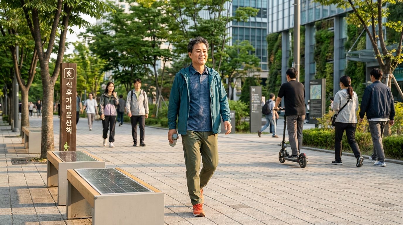 밝은 색 캐주얼 스포츠웨어를 입고 식사 후 한국 현대 공원에서 가벼운 산책을 하는 중년 한국인 남성