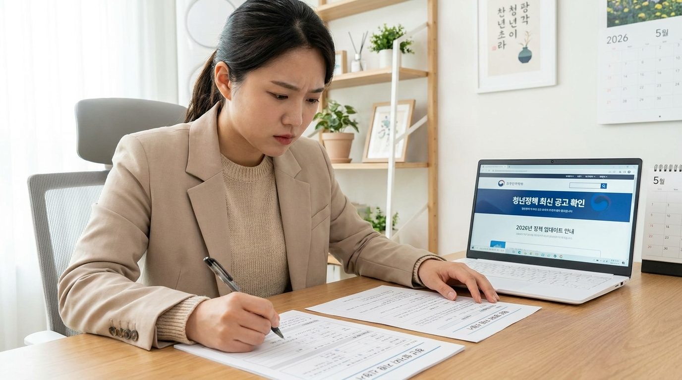청년정책 신청 전 최신 공고를 확인하며 꼼꼼하게 계획하는 젊은 한국인의 모습