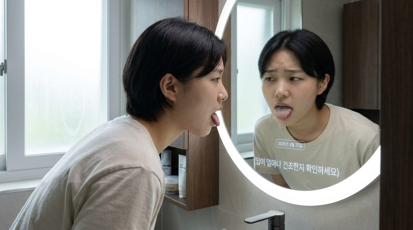 혀 백태 구분, 현대적인 한국 2026년 여름 분위기의 욕실에서 혀를 거울로 확인하는 젊은 한국인 모습