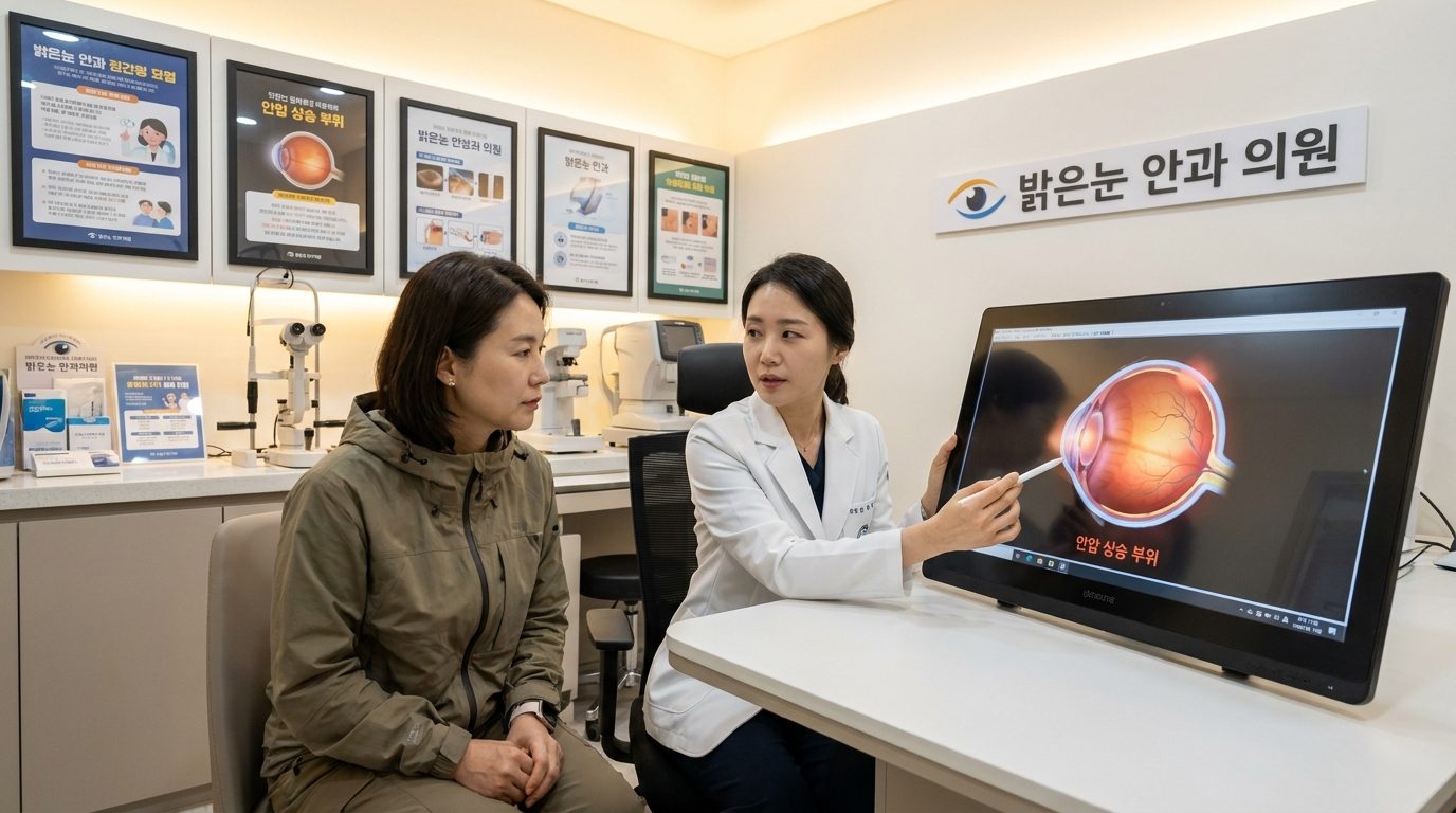 안과에서 의사와 환자가 안압 상승 부위를 설명받는 모습의 고화질 실사 이미지