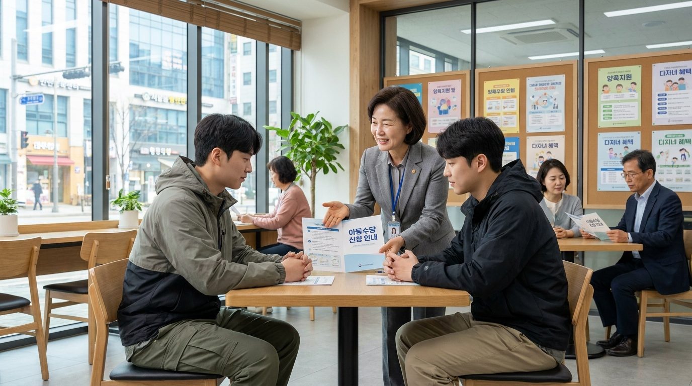 한글 안내문이 붙은 한국 커뮤니티 센터에서 아동수당 신청 안내를 받는 가족들