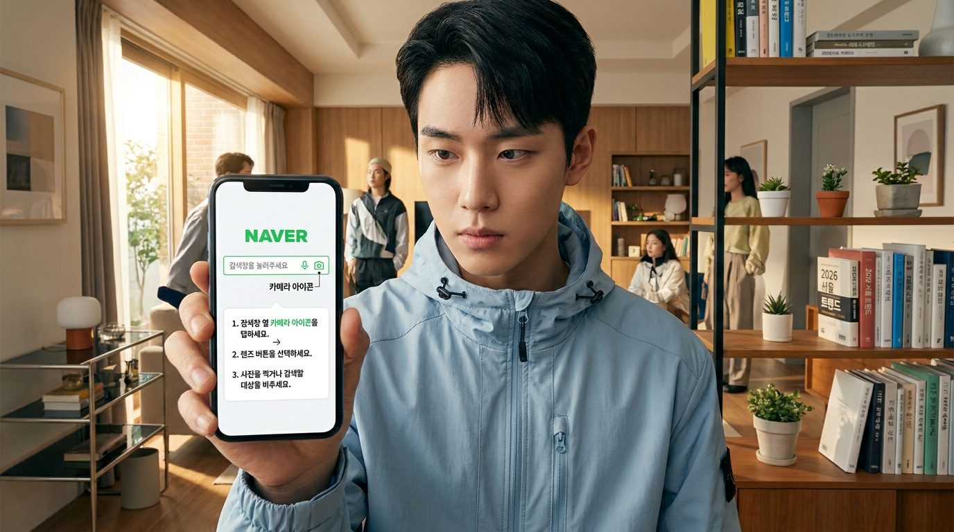 네이버 스마트렌즈 사용법 화면을 보여주는 한국 남성의 스마트폰 클로즈업 이미지