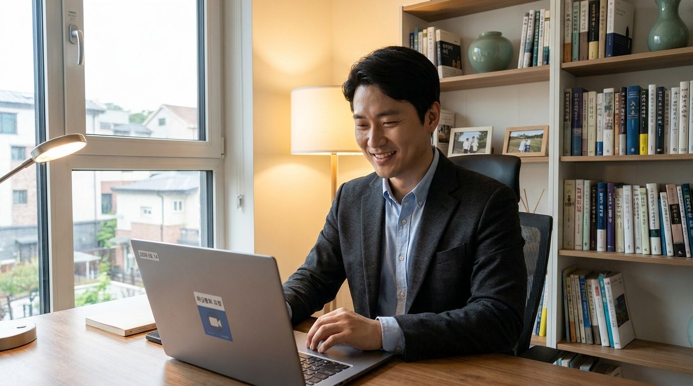 화상통화를 하며 조심스러운 표정을 짓고 있는 한국 남성의 실사 이미지