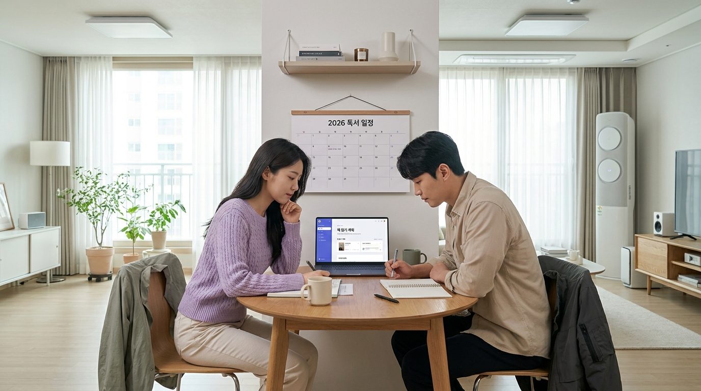모던 아파트 거실에서 독서 일정 계획을 세우는 한국인 커플의 모습