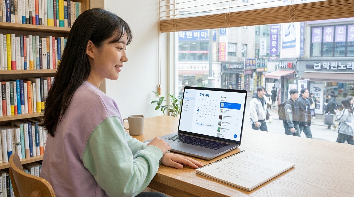 노션으로 독서 기록: 2026년 한국의 현대적이고 아늑한 독서 기록용 공부방에서 노트와 노션을 활용해 독서 기록을 하는 젊은 한국 여성의 모습
