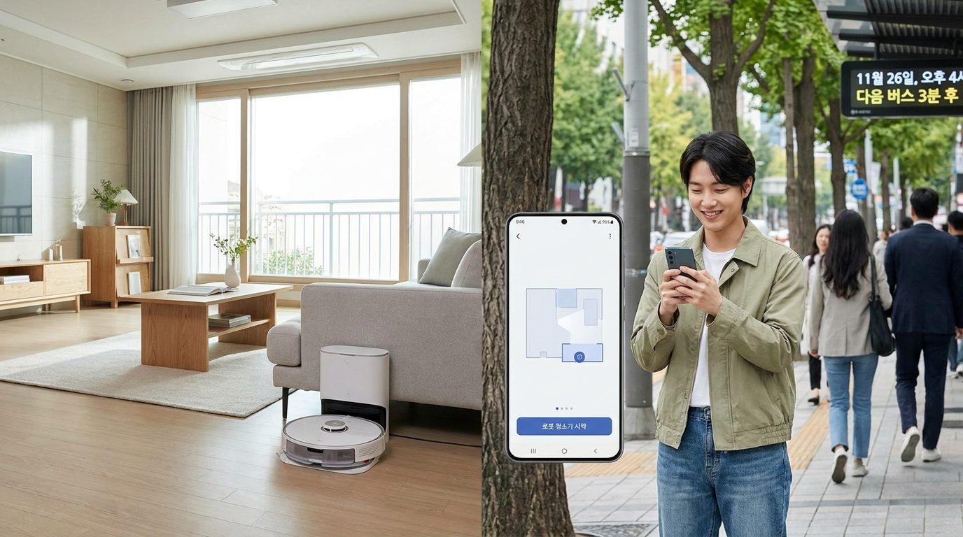 로봇청소기 앱 연결: 외출 중 스마트폰 앱으로 로봇청소기를 제어하는 현대적인 한국 가정의 모습