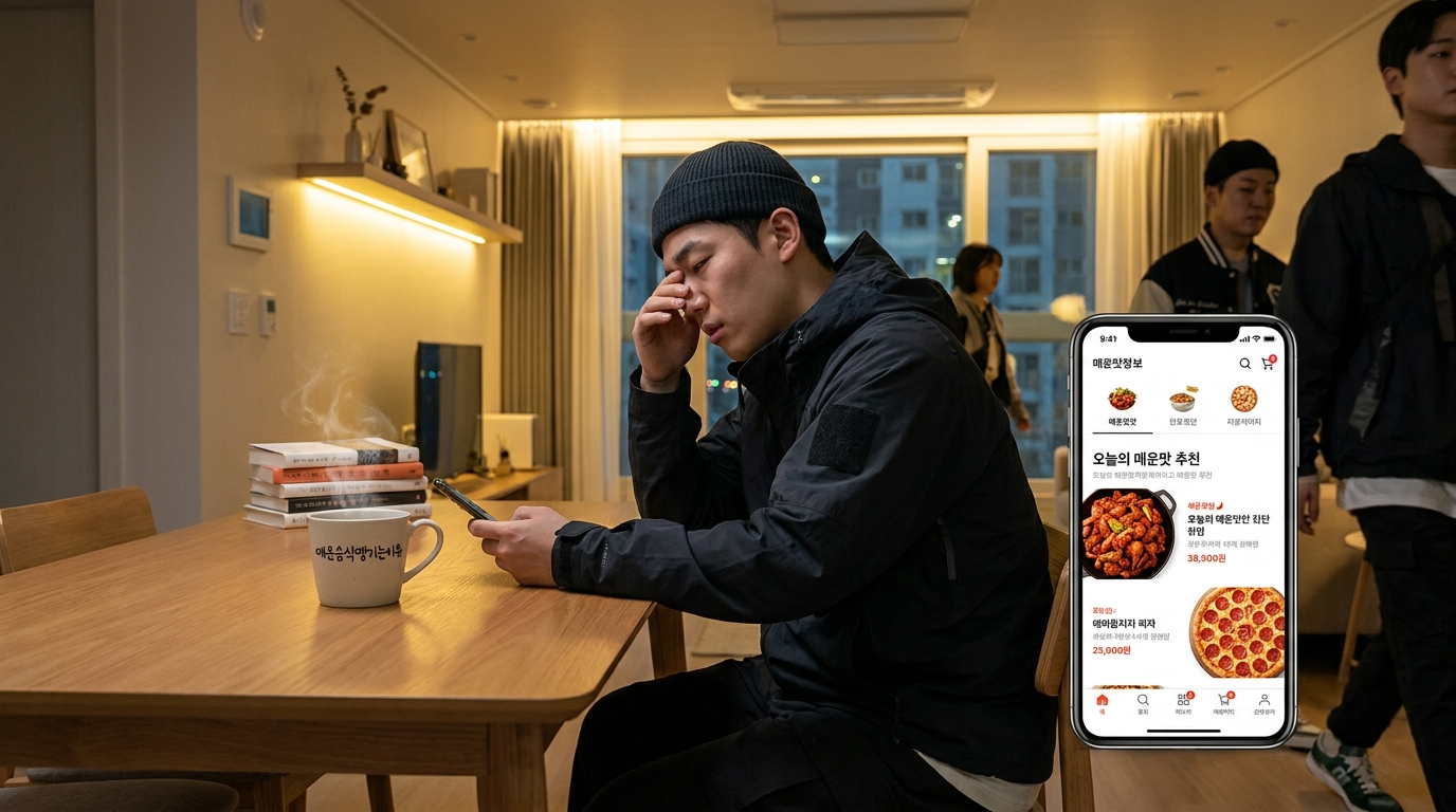 야근 후 집에서 배달 앱으로 매운 음식을 주문하려는 20대 한국인 직장인의 모습, 따뜻한 조명과 현대적인 아파트 내부가 배경
