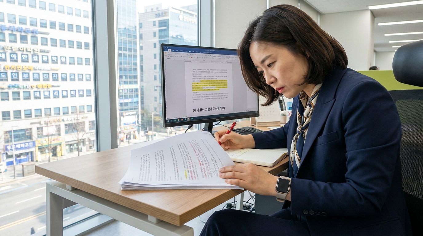현대적인 한국 사무실에서 원고를 교정하며 집중하는 편집자의 모습