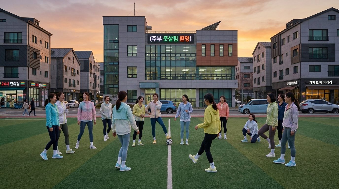 초저녁에 풋살장에서 모여 준비 운동하며 웃고 대화하는 30-40대 한국 여성 주부들의 모습