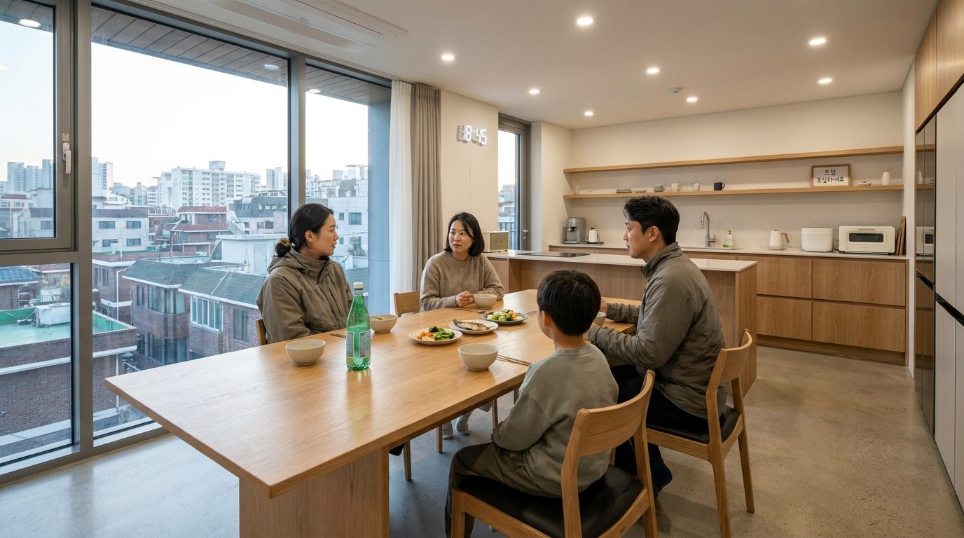 밝고 따뜻한 조명 아래 현대적인 한국 가정 주방에서 식사를 마친 가족이 식탁에 앉아 있는 모습