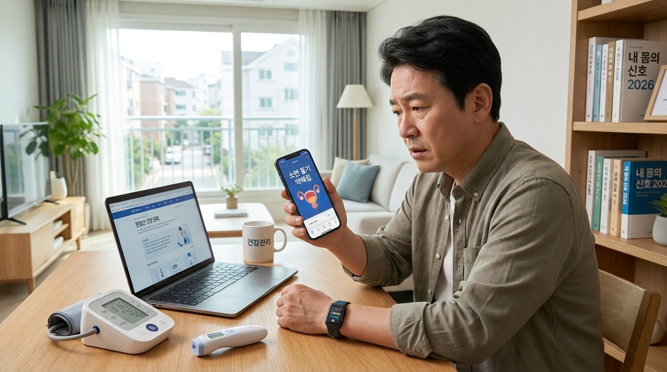 2026년 한국 가정에서 디지털 건강기기를 통해 야간뇨 관련 증상을 확인하는 중년 한국 남성 모습