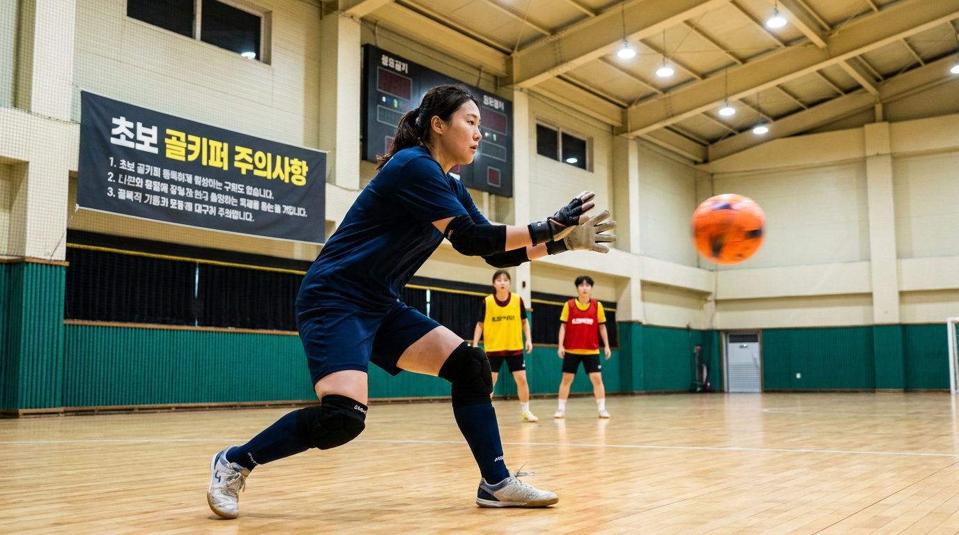 인도어 풋살장에서 빠른 공을 대비하는 여성 골키퍼